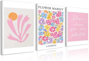 Pink Wall Art Set of 3 - Pink Matisse Flowers Wall Decor Vintage Canvas Print Picture Retro Abstract Exhibition Print Posters for Bathroom Kitchen Girl's Room 12×16 Inch Framed