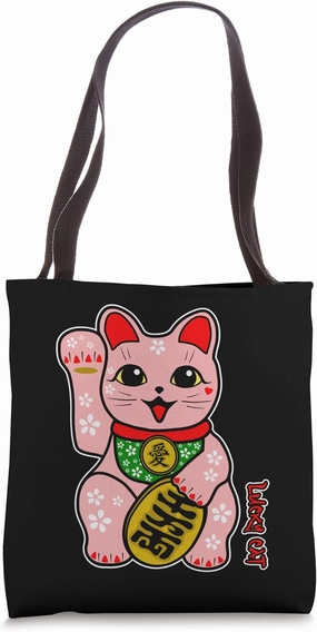 Pink Black Lucky Cat Maneki-Neko Love Floral Valentine's Day Tote Bag