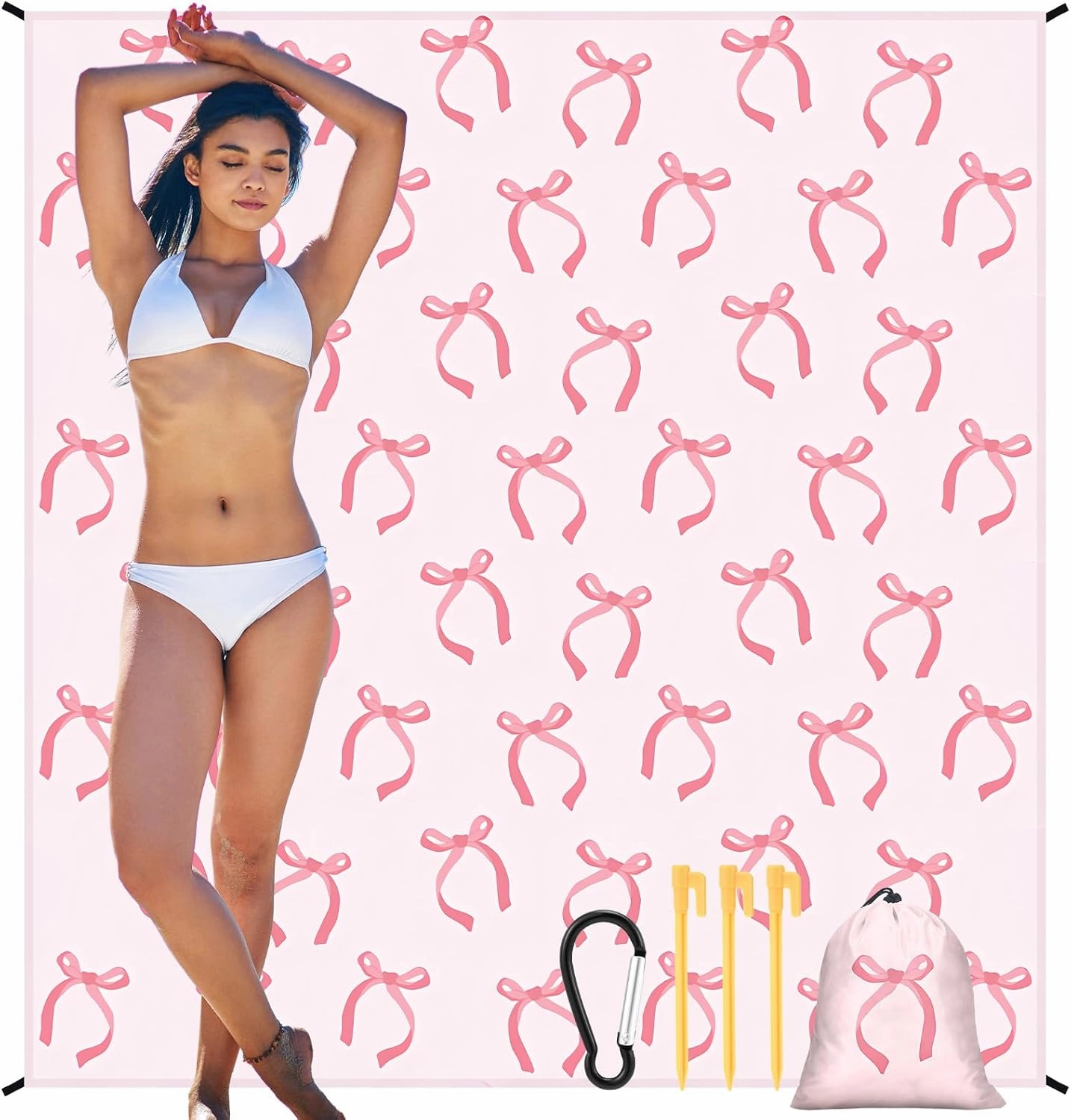 Pink Bow Beach Blanket 79''x 83'' Coquette Waterproof Sandproof Beach Mat Pinkbow Quick Drying Durable Outdoor Picnic Mat for Picnic Camping Hiking Bachelorette Party Gifts