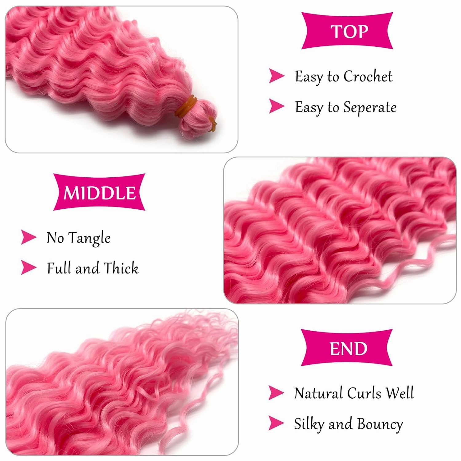 Pink Braiding Hair Pre Stretched with Boho Braids Pink Curly Deep Ocean Wave Crochet Hair Natural Color Synthetic Knotless Boho Braiding Hair for Bohemian Braids 5 Packs