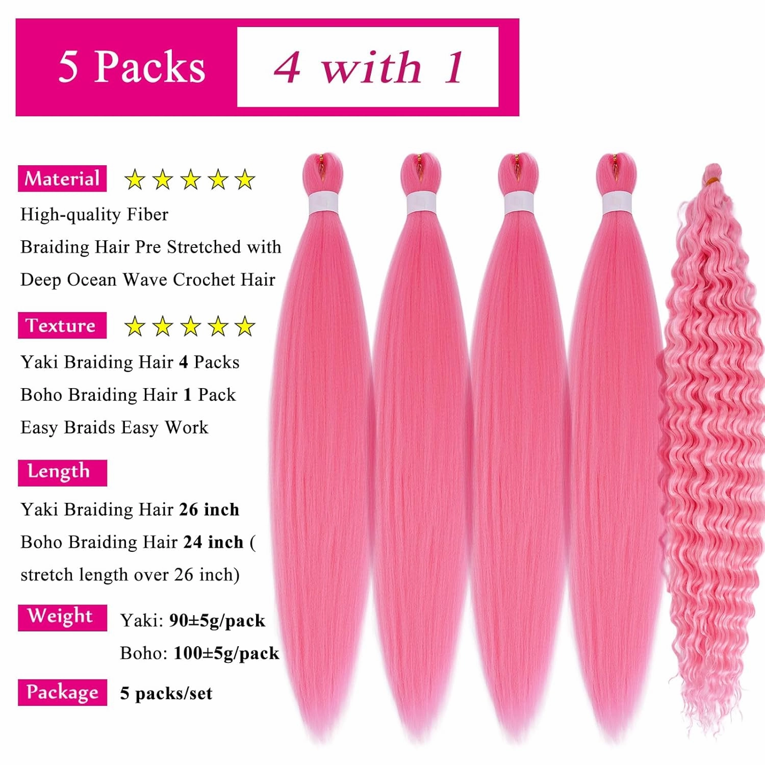 Pink Braiding Hair Pre Stretched with Boho Braids Pink Curly Deep Ocean Wave Crochet Hair Natural Color Synthetic Knotless Boho Braiding Hair for Bohemian Braids 5 Packs