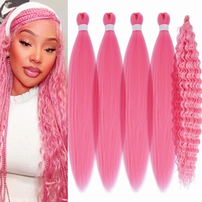 Pink Braiding Hair Pre Stretched with Boho Braids Pink Curly Deep Ocean Wave Crochet Hair Natural Color Synthetic Knotless Boho Braiding Hair for Bohemian Braids 5 Packs