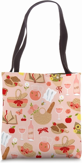 pink cottagecore croissant picnic feminine pretty floral Tote Bag