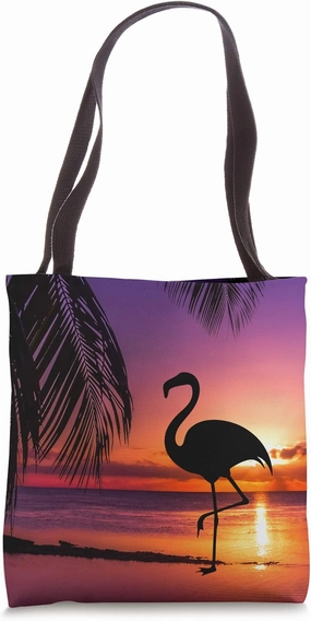 Pink Flamingo Sunset Palm Trees Beach Ocean Seashore Tote Bag