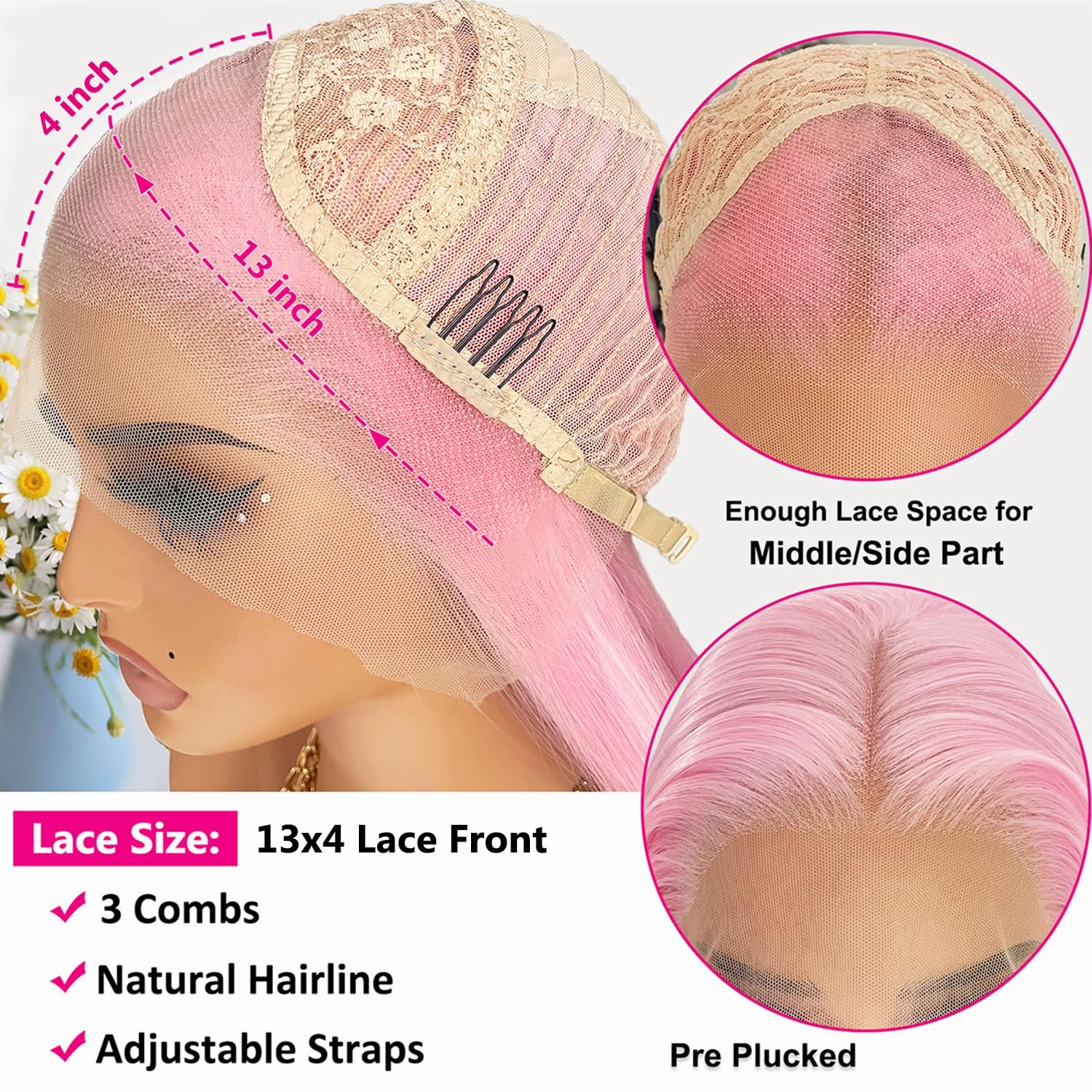 Pink Lace Front Wig Synthetic Long Straight Hair Ombre Pastel Pink Colored Hot Pink Lace Front Wigs Pre Plucked Heat Resistant Synthetic Lace Front Wigs for Fashion Women