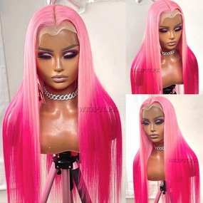 Pink Lace Front Wig Synthetic Long Straight Hair Ombre Pastel Pink Colored Hot Pink Lace Front Wigs Pre Plucked Heat Resistant Synthetic Lace Front Wigs for Fashion Women