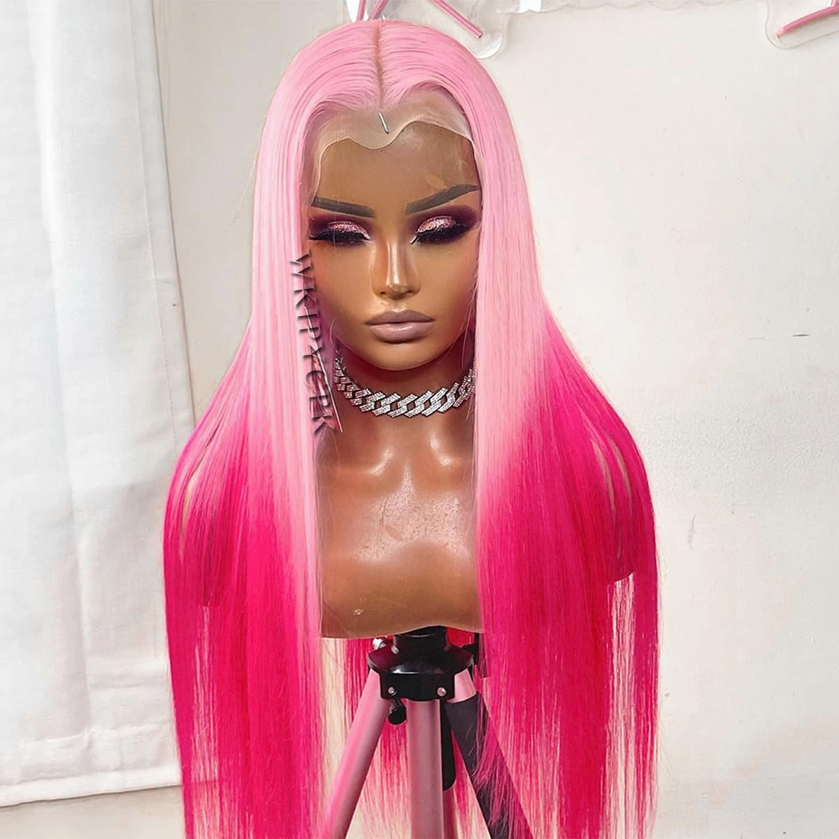 Pink Lace Front Wig Synthetic Long Straight Hair Ombre Pastel Pink Colored Hot Pink Lace Front Wigs Pre Plucked Heat Resistant Synthetic Lace Front Wigs for Fashion Women