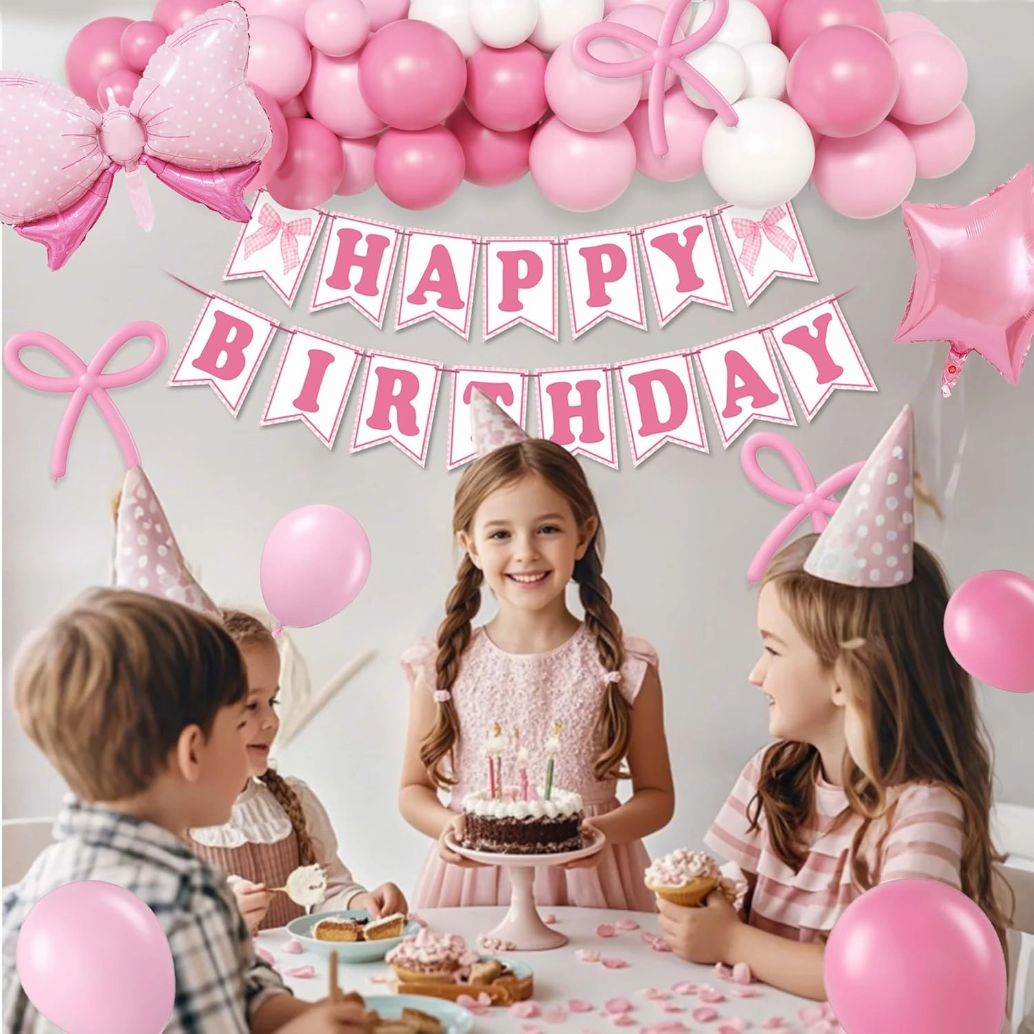 Pink Photo Booth Props for Girls,Pink Bow Birthday Party Decorations,White Balloons, Glitter Banner,Lightpink Themed Party Supplies