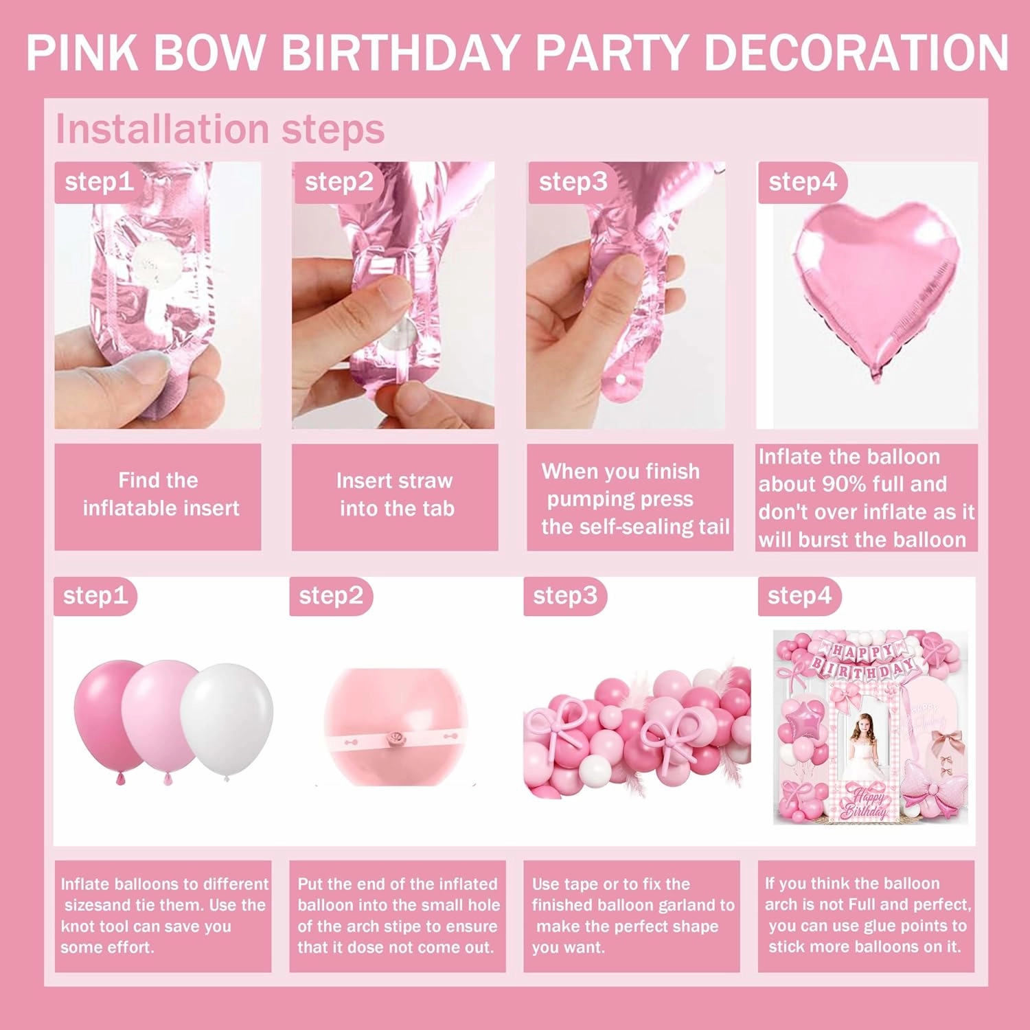 Pink Photo Booth Props for Girls,Pink Bow Birthday Party Decorations,White Balloons, Glitter Banner,Lightpink Themed Party Supplies
