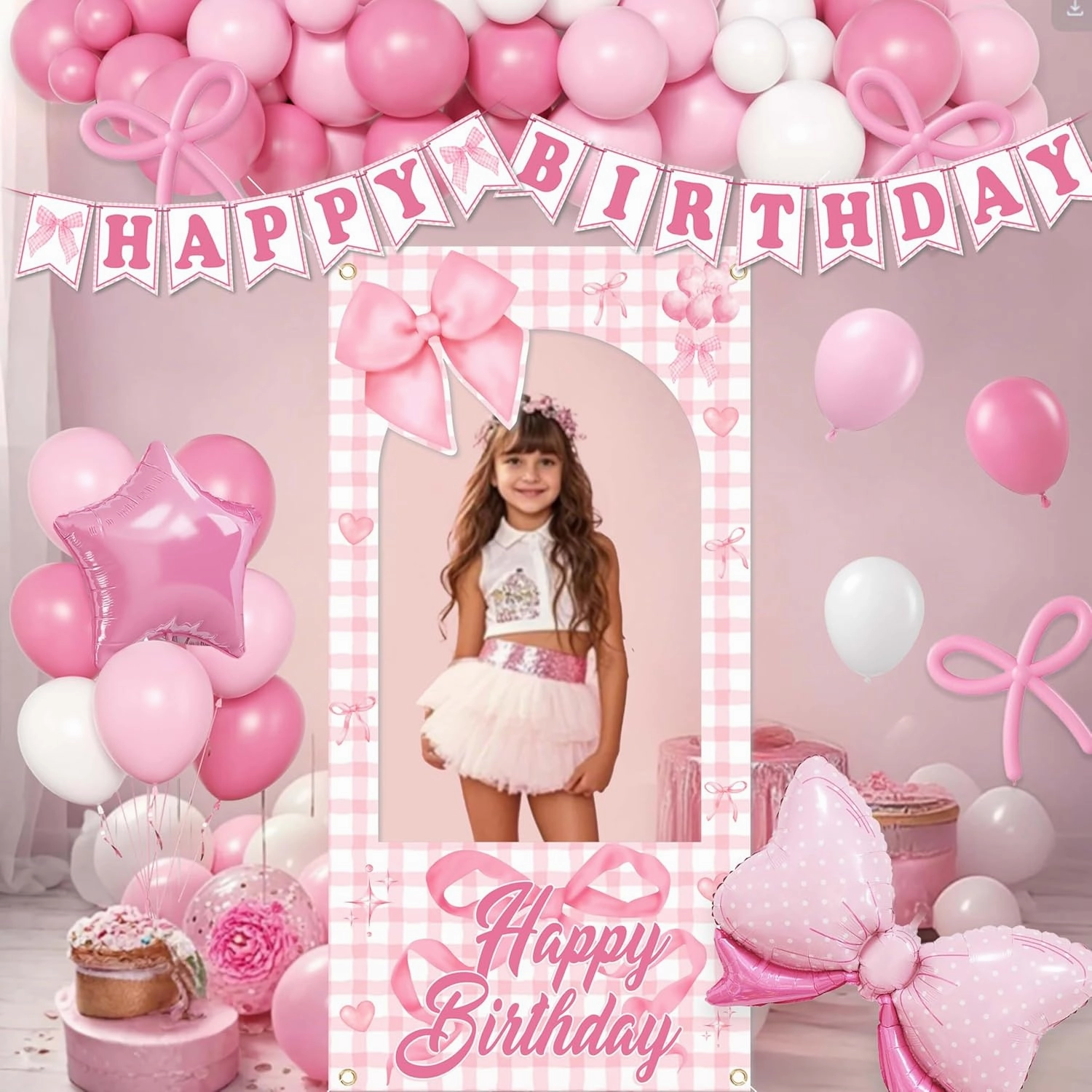 Pink Photo Booth Props for Girls,Pink Bow Birthday Party Decorations,White Balloons, Glitter Banner,Lightpink Themed Party Supplies