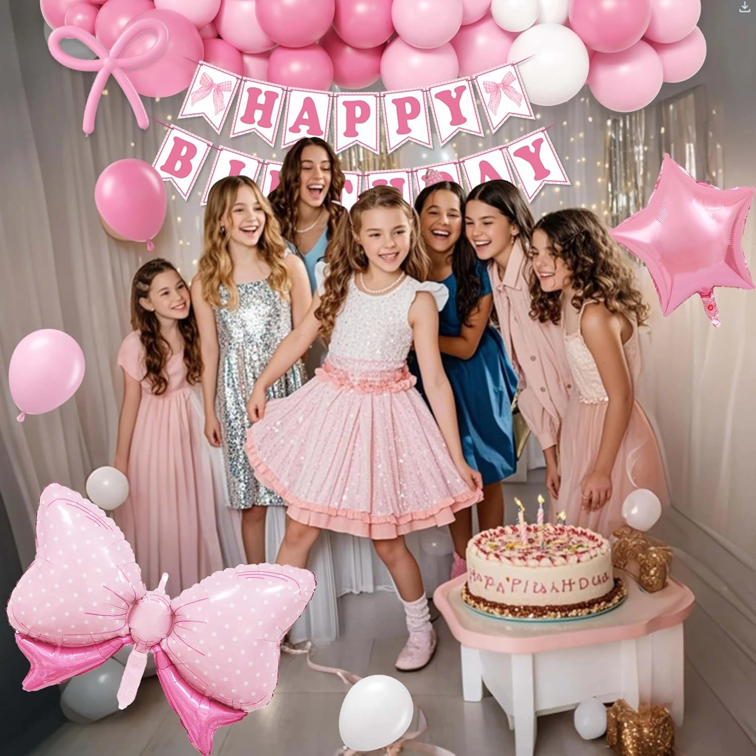 Pink Photo Booth Props for Girls,Pink Bow Birthday Party Decorations,White Balloons, Glitter Banner,Lightpink Themed Party Supplies