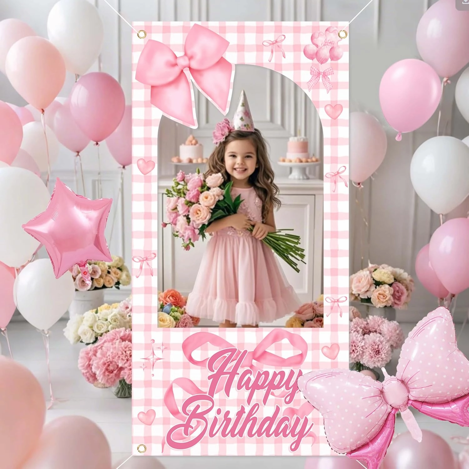 Pink Photo Booth Props for Girls,Pink Bow Birthday Party Decorations,White Balloons, Glitter Banner,Lightpink Themed Party Supplies