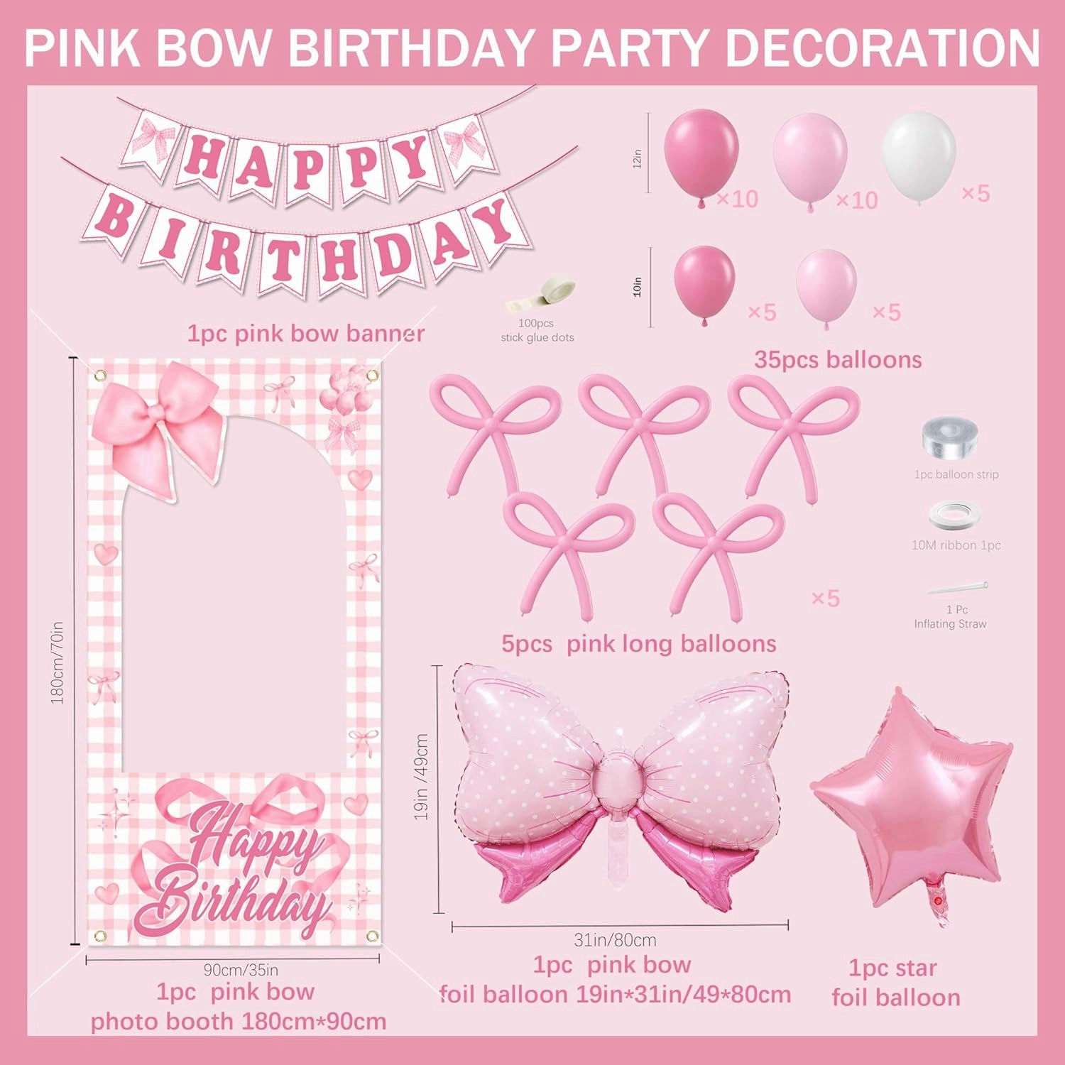 Pink Photo Booth Props for Girls,Pink Bow Birthday Party Decorations,White Balloons, Glitter Banner,Lightpink Themed Party Supplies