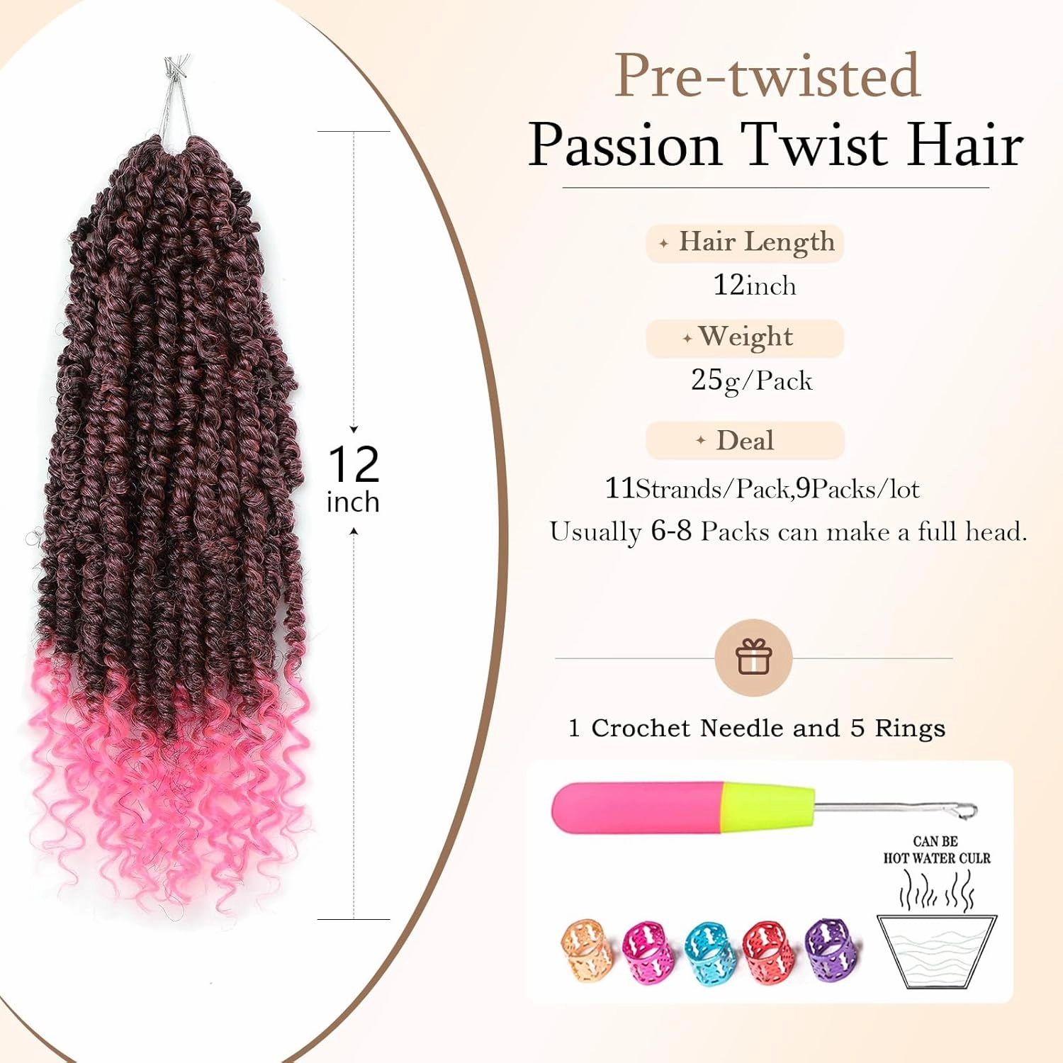 Pink Pre-twisted Passion Twist Hair, 12 Inch 9 Packs Pretwisted Passion Twist Crochet Hair,Soft Pre Looped Curly Crochet Hair For Black Women,Short Crochet Braids(12",T1B/Pink#)
