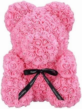 Pink Rose Bear with Diamonds | Handmade Bear | Perfect for Anniversaries, Birthdays, and Engagements (Pink, 10")