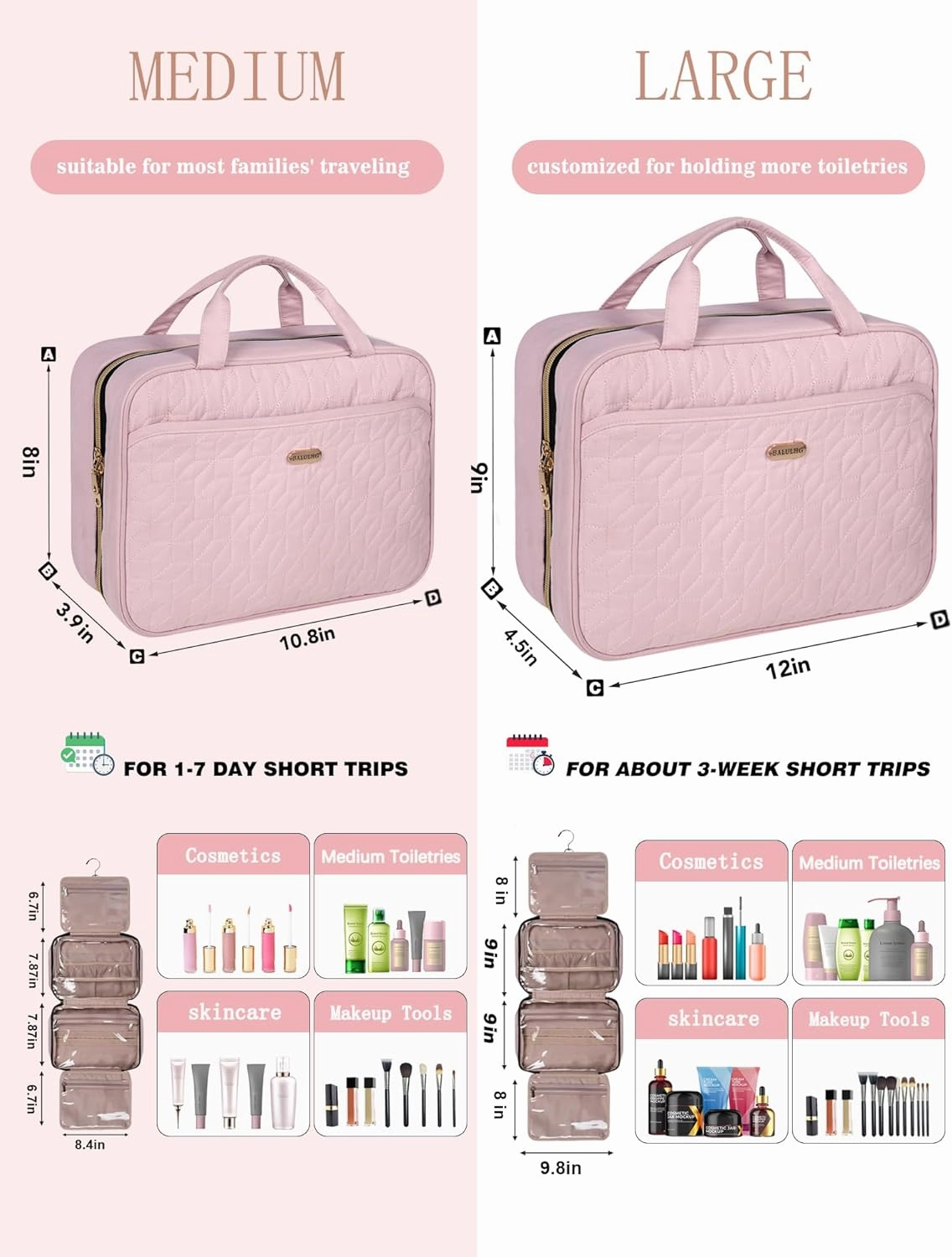 Pink Toiletry Bag, Makeup Organizer, Travel Bag For Women Mens Toiletries, Waterproof with Hanging Hook, Large Capacity