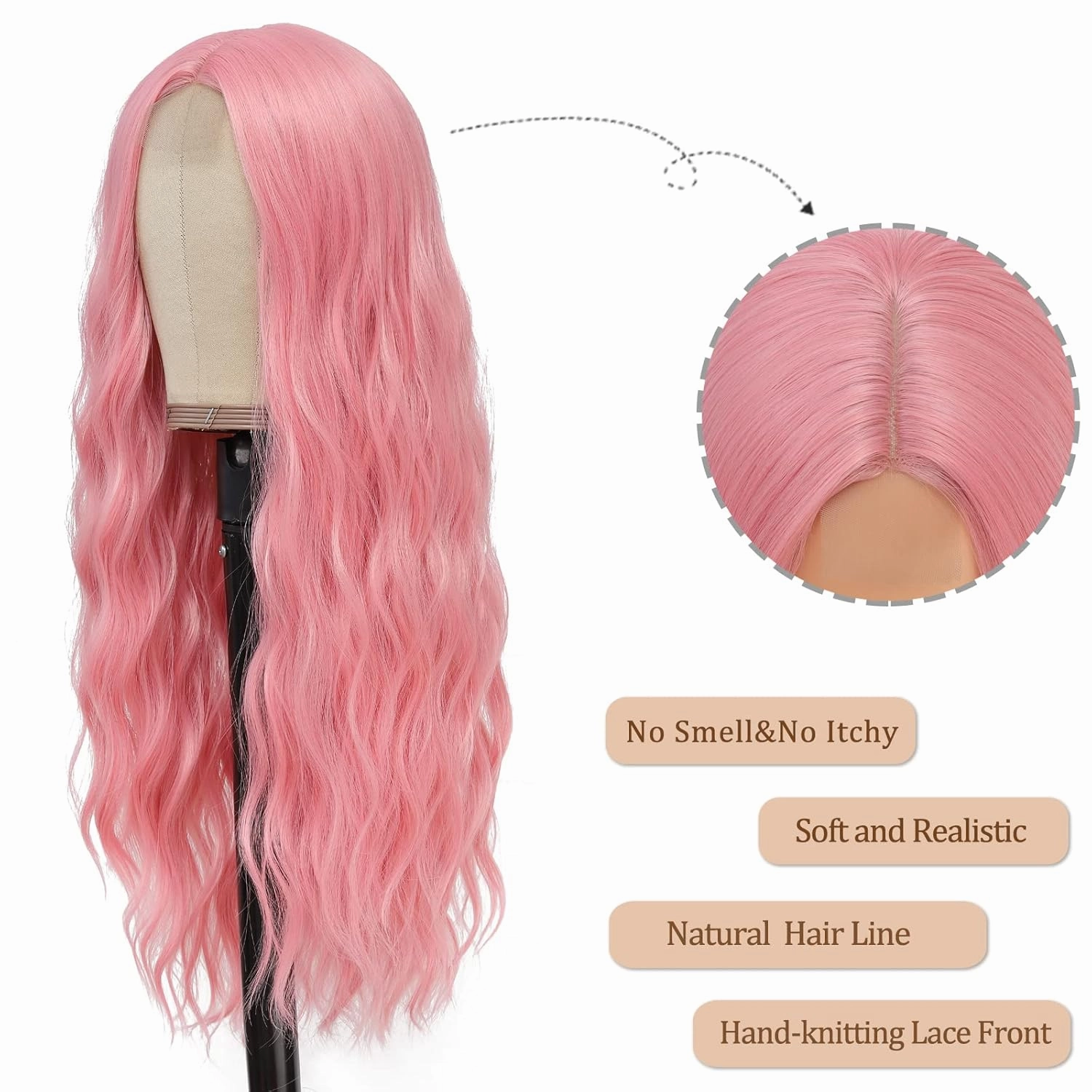 Pink Wig - Long Pink Wavy Wigs for Women Middle Part Pastel Pink 26 inch Natural Curly Synthetic Wig Heat Resistant Fiber Wigs for Daily Party Use