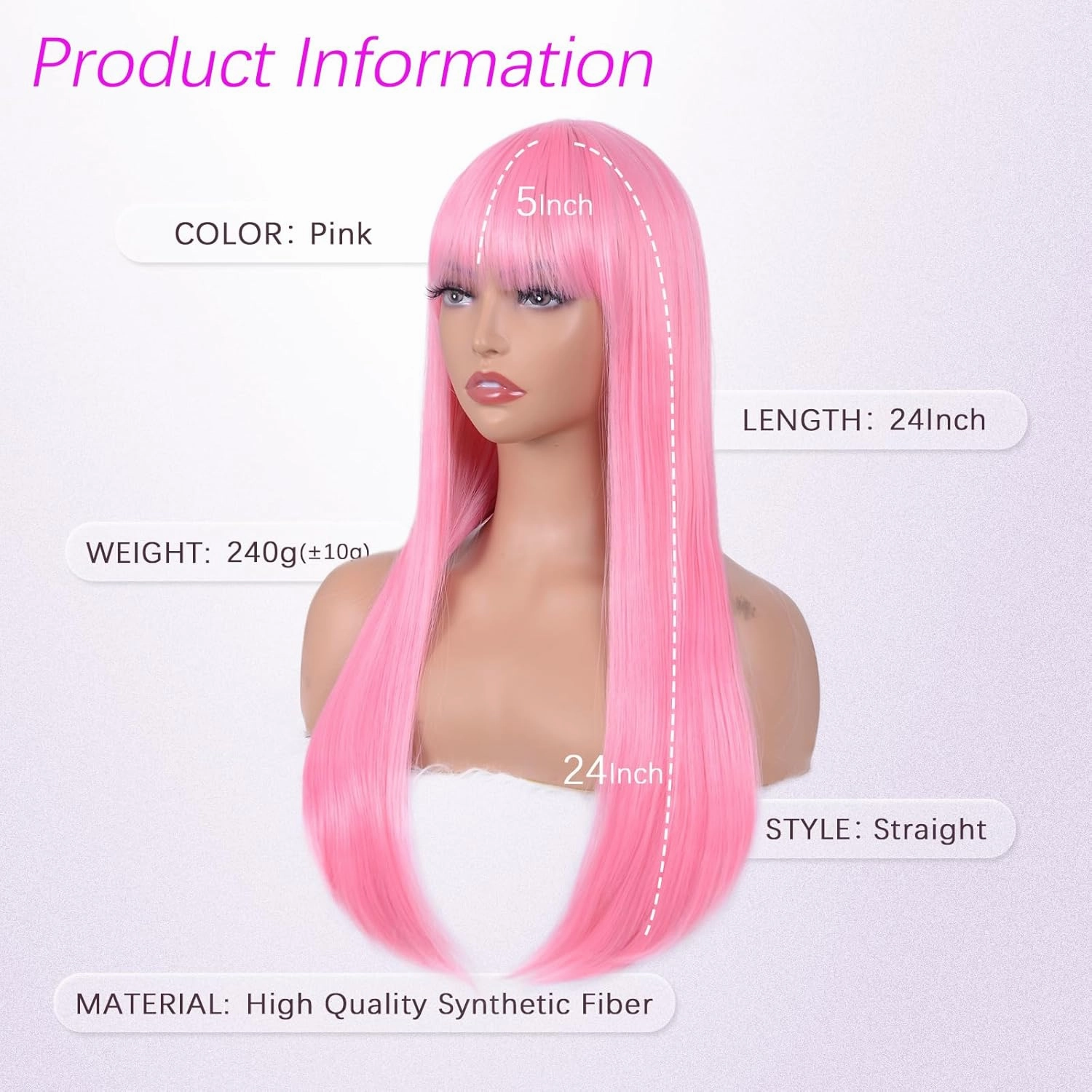 Pink Wig with Bangs for Women – Long Straight Heat Resistant Synthetic Wig for Daily Use, Party, Halloween, Cosplay – 24 Inch Pink Wigs for Girls
