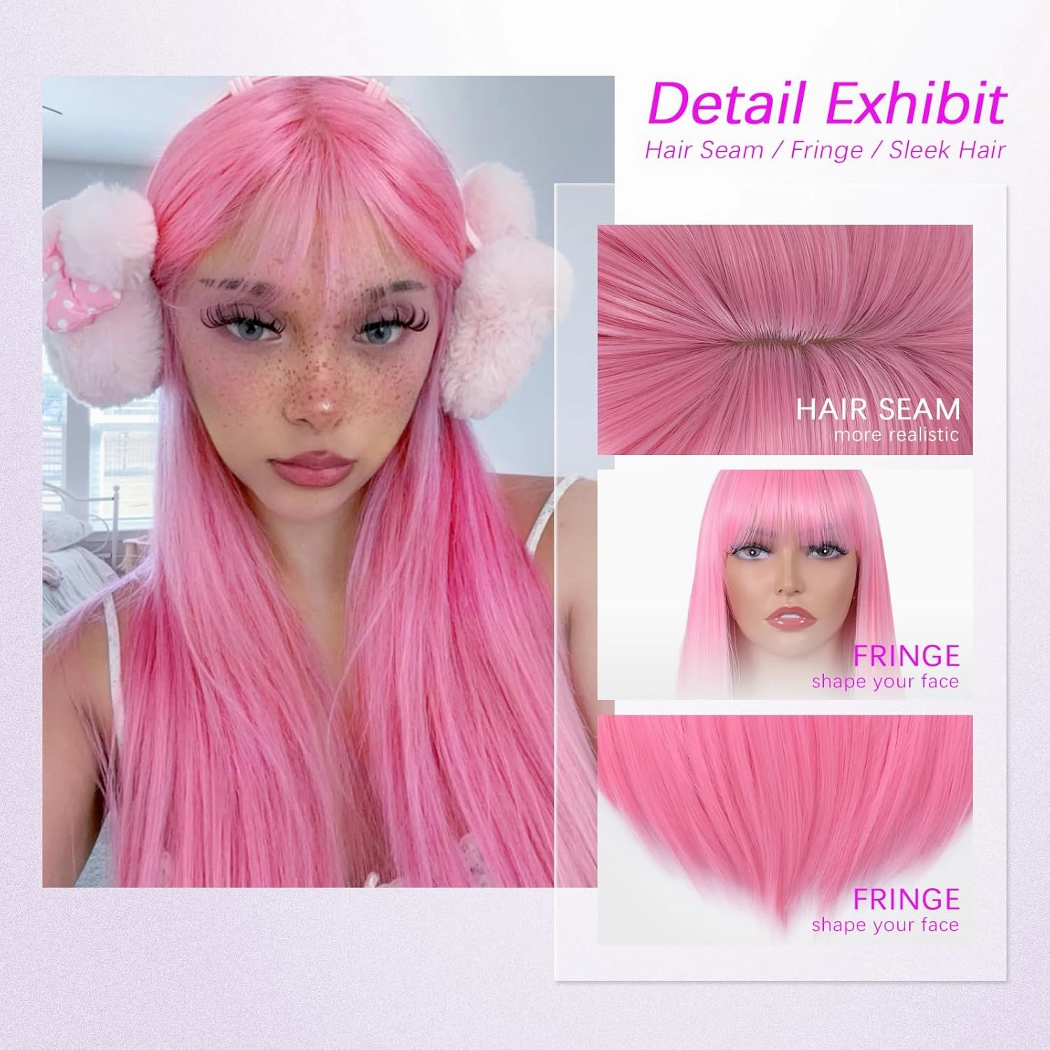 Pink Wig with Bangs for Women – Long Straight Heat Resistant Synthetic Wig for Daily Use, Party, Halloween, Cosplay – 24 Inch Pink Wigs for Girls