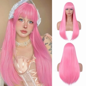 Pink Wig with Bangs for Women – Long Straight Heat Resistant Synthetic Wig for Daily Use, Party, Halloween, Cosplay – 24 Inch Pink Wigs for Girls