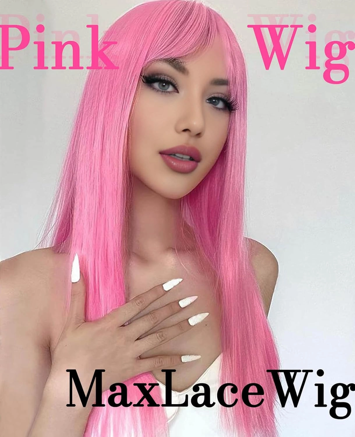 Pink Wigs for Women, 28 Inch Long Straight Pink Wig with Bangs, Natural Looking Heat Resistant Fiber Hot Pink Wig, Colorful Cosplay Party Halloween Wigs for Women
