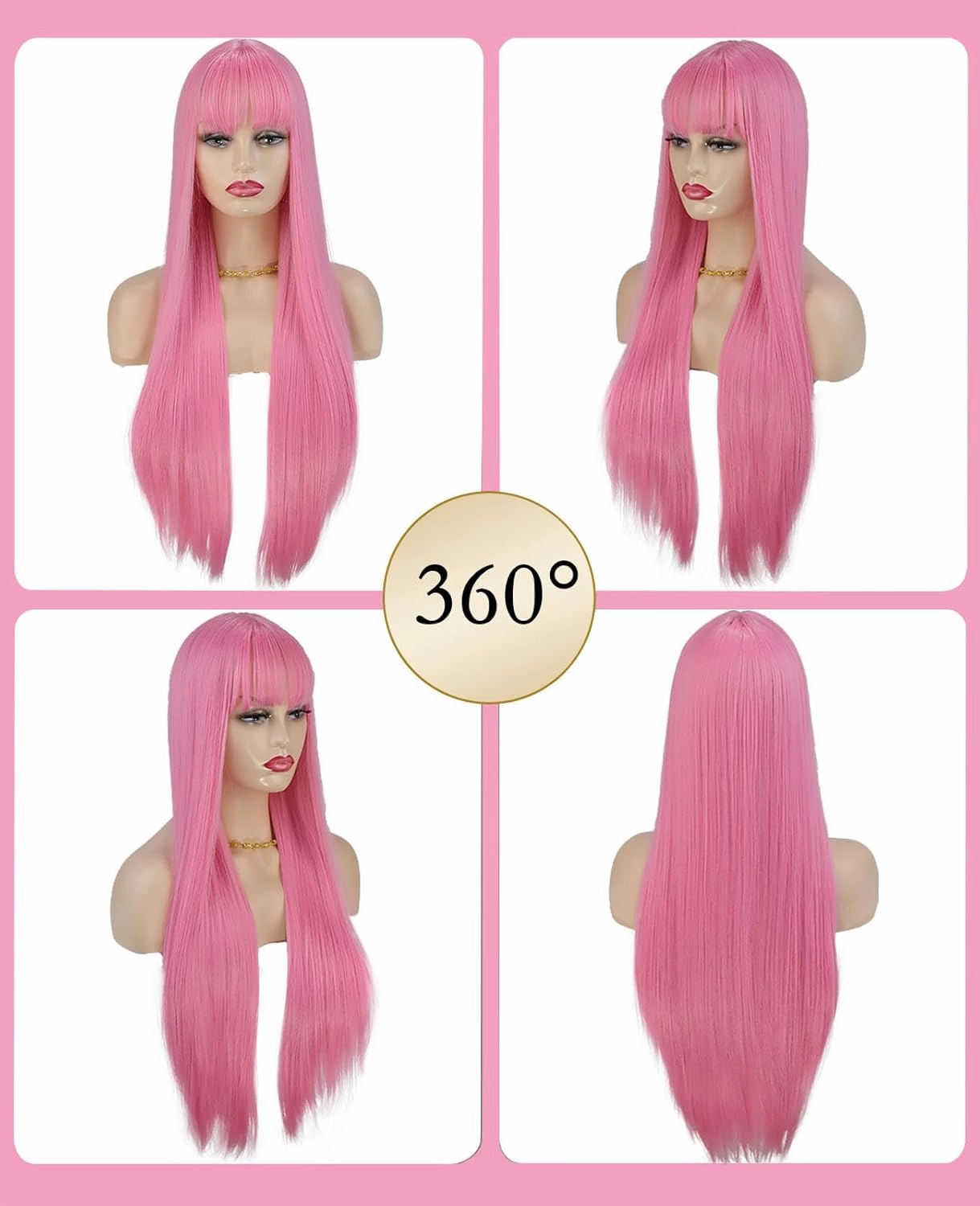 Pink Wigs for Women, 28 Inch Long Straight Pink Wig with Bangs, Natural Looking Heat Resistant Fiber Hot Pink Wig, Colorful Cosplay Party Halloween Wigs for Women