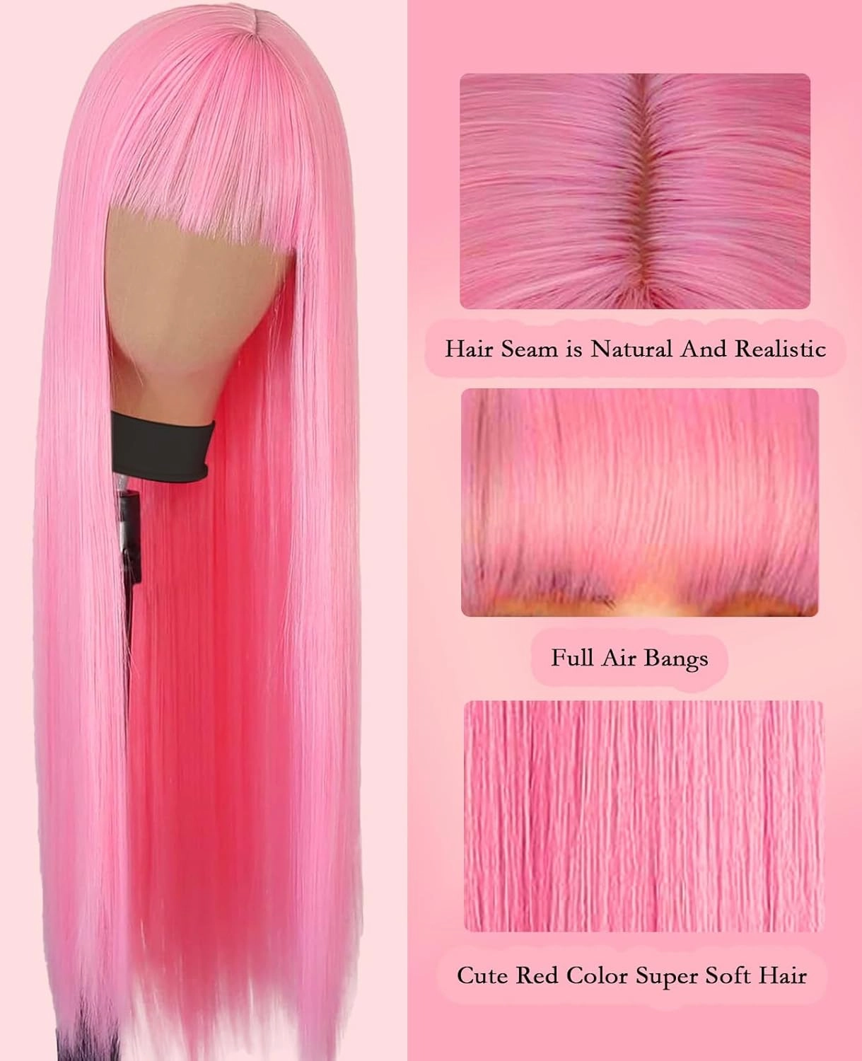 Pink Wigs for Women, 28 Inch Long Straight Pink Wig with Bangs, Natural Looking Heat Resistant Fiber Hot Pink Wig, Colorful Cosplay Party Halloween Wigs for Women