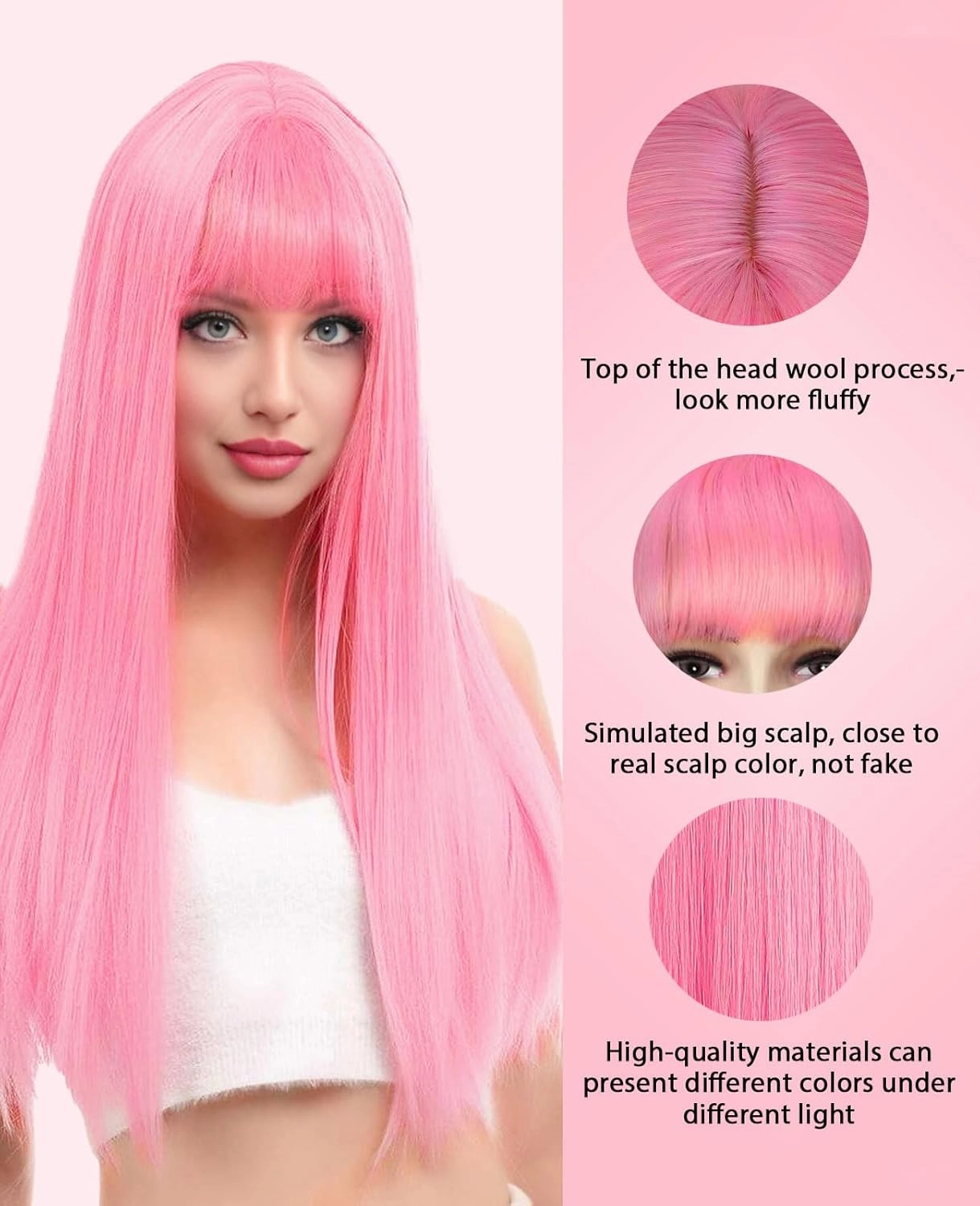 Pink Wigs for Women, 28 Inch Long Straight Pink Wig with Bangs, Natural Looking Heat Resistant Fiber Hot Pink Wig, Colorful Cosplay Party Halloween Wigs for Women
