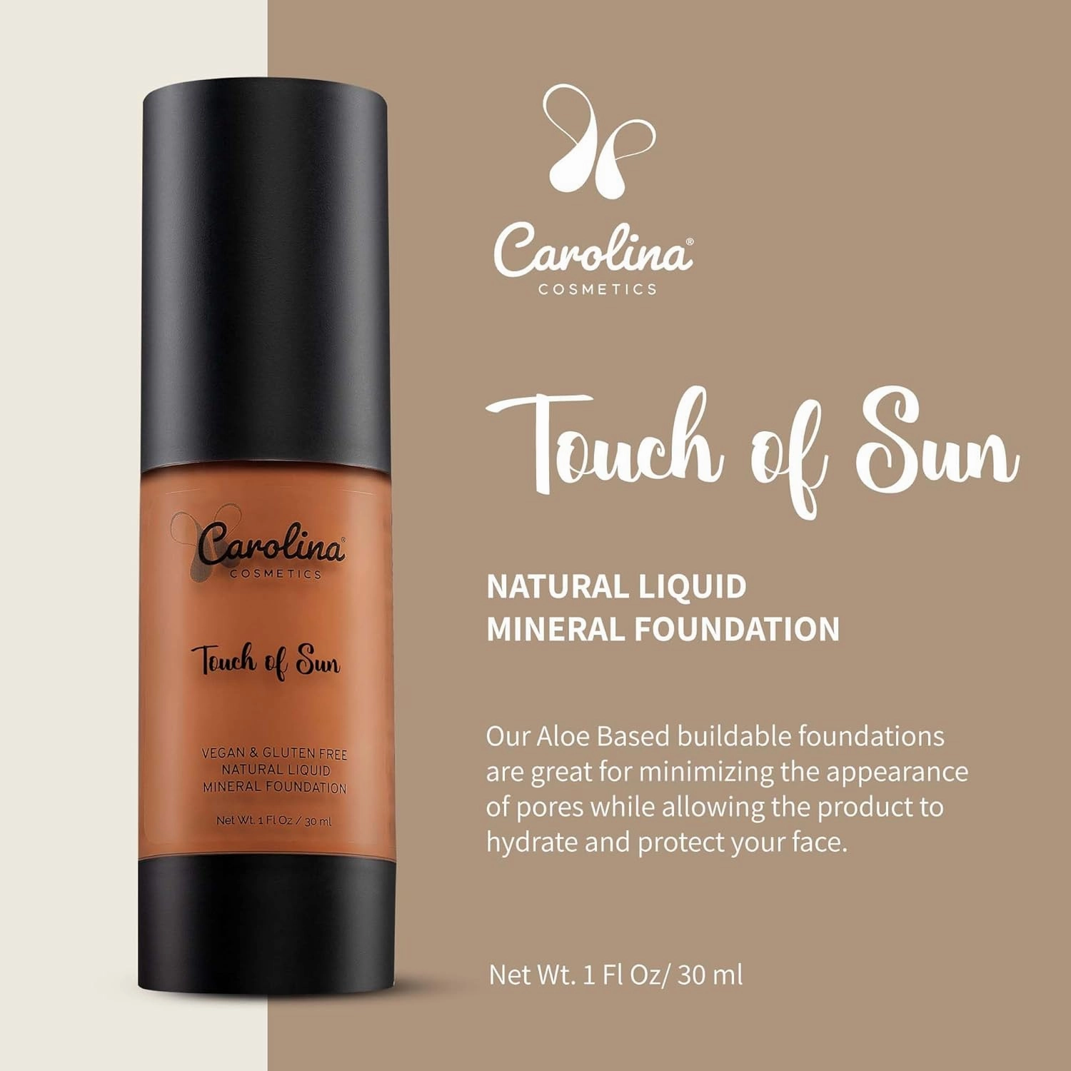 Plant-Based Foundation in Touch of Sun Shade - Hydrating, Pore-Minimizing & Buildable Coverage - Vegan, Non-GMO, Gluten-Free, Paraben-Free - Sun Protection - 1Fl Oz