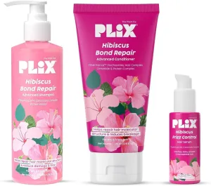 PLIX' - THE PLANT FIX Hibiscus Frizz Control Hair Serum 50ml   Bond Repair Shampoo 200ml   Conditioner 175ml | Protects & Smoothes Frizzy Hair| 3x Strength with Fiberhance