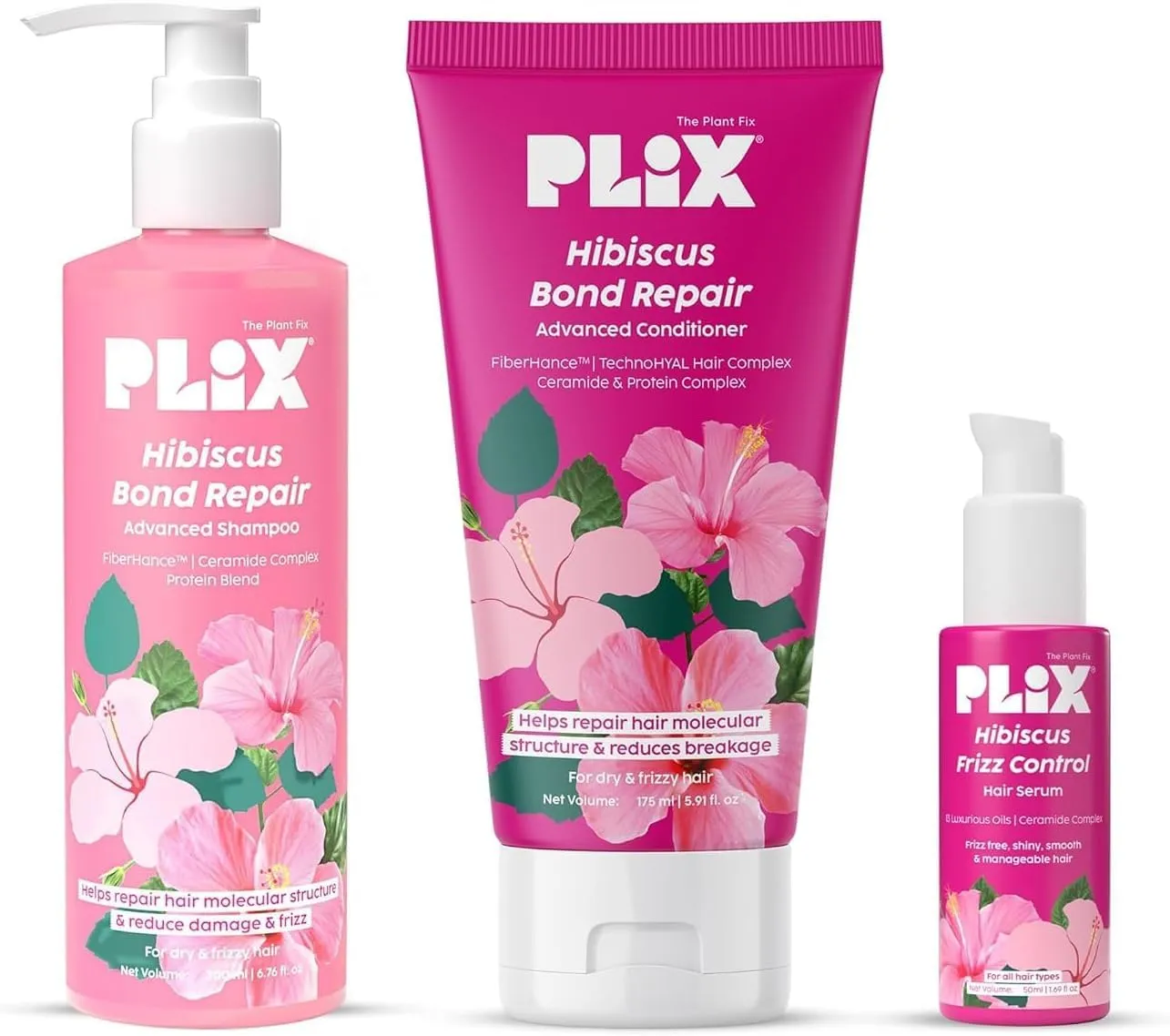 PLIX' - THE PLANT FIX Hibiscus Frizz Control Hair Serum 50ml   Bond Repair Shampoo 200ml   Conditioner 175ml | Protects & Smoothes Frizzy Hair| 3x Strength with Fiberhance
