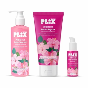 PLIX - THE PLANT FIX Hibiscus Frizz Control Hair Serum 50ml   Bond Repair Shampoo 200ml   Conditioner 175ml | Protects & Smoothes Frizzy Hair| 3x Strength with Fiberhance