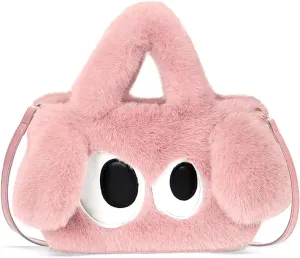 Plush Cartoon Eyes Handbag, Fluffy Furry Purse, 6 Colors Available - Pink, Brown, Camel, White, Green, Blush