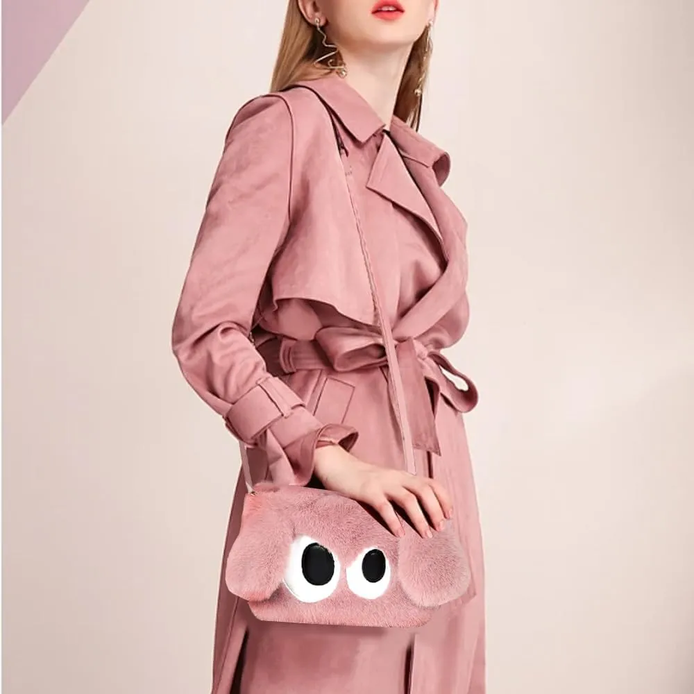 Plush Cartoon Eyes Handbag, Fluffy Furry Purse, 6 Colors Available - Pink, Brown, Camel, White, Green, Blush