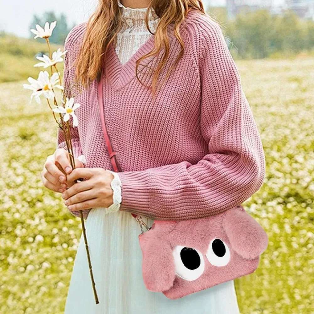 Plush Cartoon Eyes Handbag, Fluffy Furry Purse, 6 Colors Available - Pink, Brown, Camel, White, Green, Blush