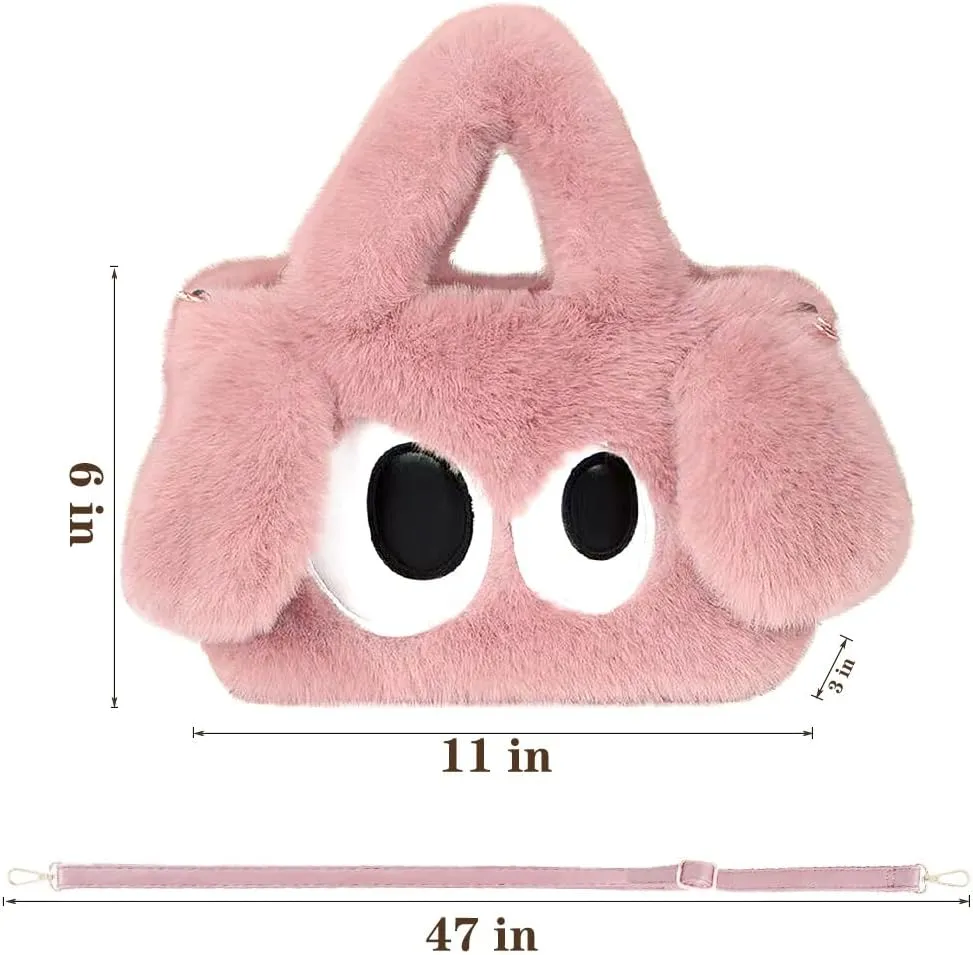 Plush Cartoon Eyes Handbag, Fluffy Furry Purse, 6 Colors Available - Pink, Brown, Camel, White, Green, Blush