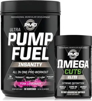PMD Sports Ultra Pump Fuel Insanity - Pre Workout – Pink Lemonade (30 Servings) Sports Omega Cuts Elite Thermogenic Fat Burner (90 Softgels)