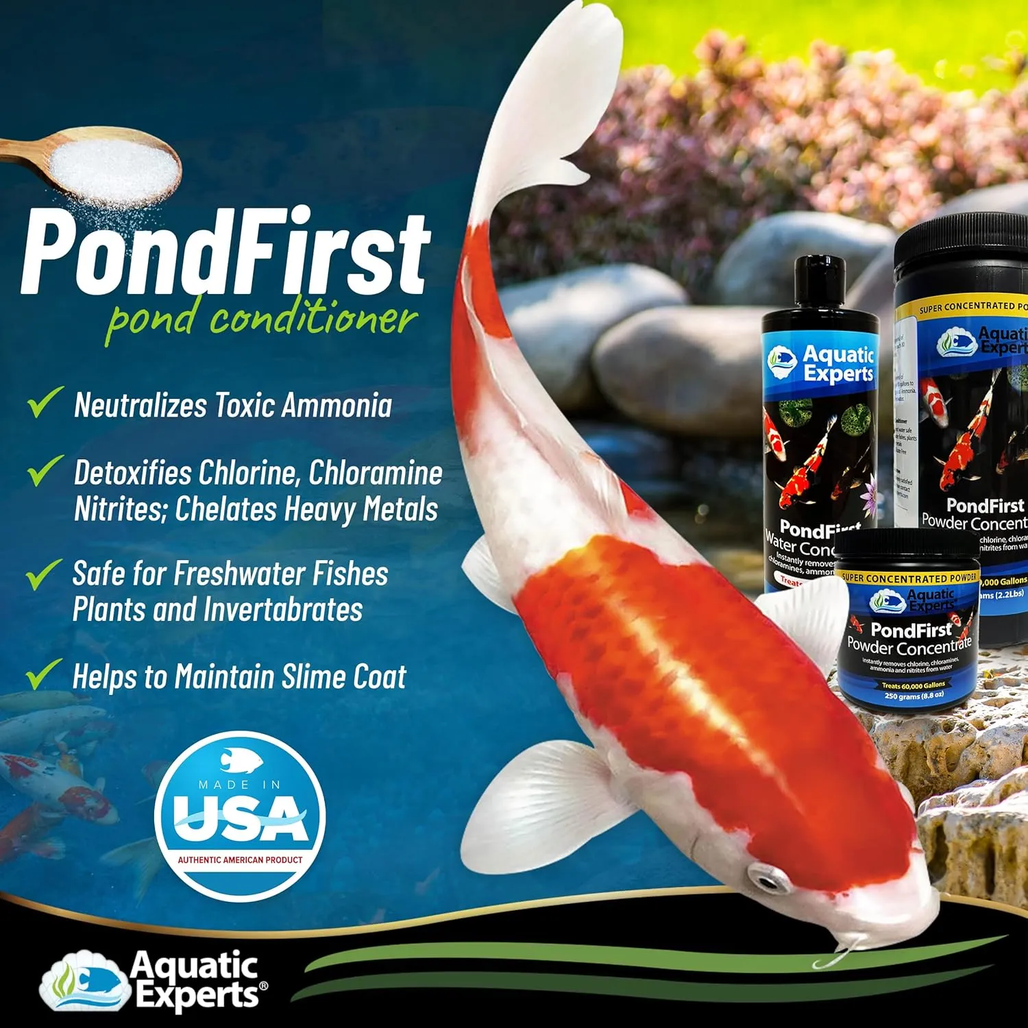 PondFirst Pond Water Conditioner - Concentrated Instant Dechlorinator for Fish Ponds, Makes Water Safe for Koi and Goldfish, Made in The USA, Aquatic Experts (Powder - 250 Grams)