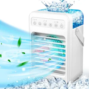 Portable Air Conditioner - Quiet USB Personal Air Cooler, 4-Speed Evaporative Cooling Fan with 7-Color LED Light and Humidifier for Home, Office, and Indoor Use
