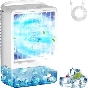 Portable Air Conditioners Ice Fan Blow Cold Air USB Mini Portable AC 2 Spray Ports 3 Wind Speed & 7 Colorful LED Light &Timer Small Evaporative Air Cooler Desktop Ac Unit for Room Home Bedroom Office