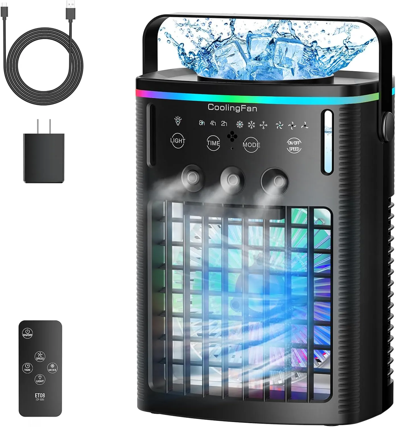 Portable Air Conditioners, Mini Air Conditioner Portable Cooling Fan with Remote Control, 3 Wind Speed & 3 Mist Level & 2-8H Timer & 7 LED Light Evaporative Air Cooler for Home Office Room, Black