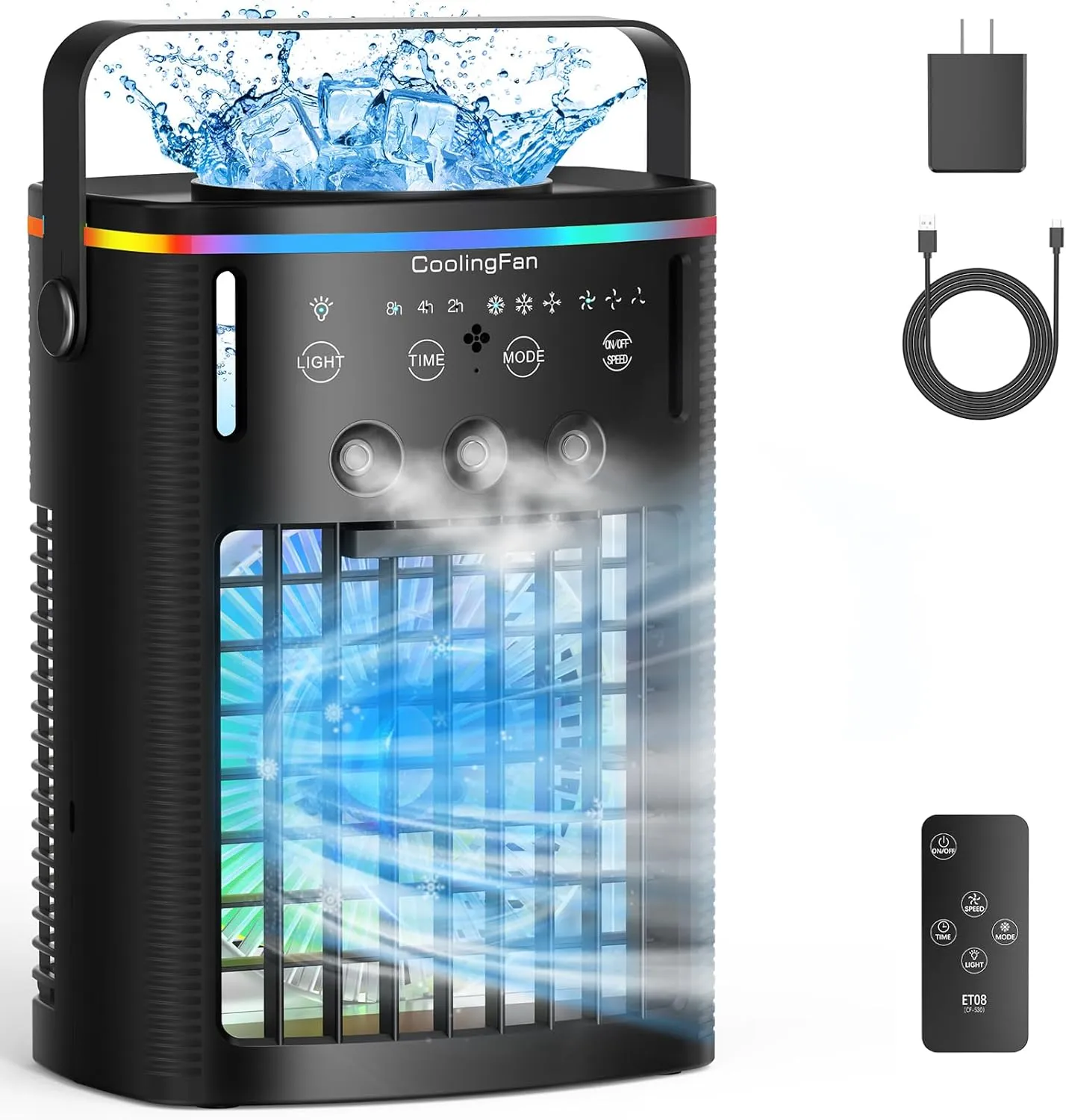 Portable Air Conditioners, Mini Air Conditioner Portable with Remote, 3 Speeds & 3 Mist, 2-8H Timer & 7 Light Evaporative Air Cooler, Personal Cooling Air Conditioner Fan for Bedroom Office Desk