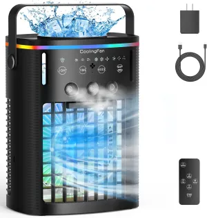 Portable Air Conditioners, Mini Air Conditioner Portable with Remote, 3 Speeds & 3 Mist, 2-8H Timer & 7 Light Evaporative Air Cooler, Personal Cooling Air Conditioner Fan for Bedroom Office Desk