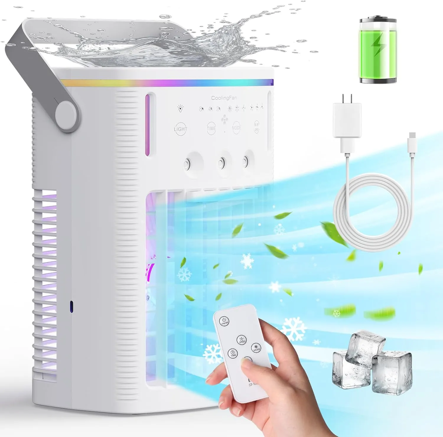 Portable Air Conditioners Rechargeable,5000mAh 3-Speed Small AC Fan,Portable Air Cooler with Remote,Timer function,7-Color Night light,3-Level Mist modes,Personal AC for Office,Camping.