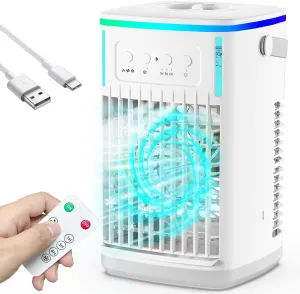 Portable Air Conditioners with Remote, 1500ml Water Tank, 3 Wind Speeds, 4-in-1 Portable AC with 6H Timer, 2 Cool Mist, 7 Lights, Personal Mini Air Cooler Fan for Room Bedroom Office (White)