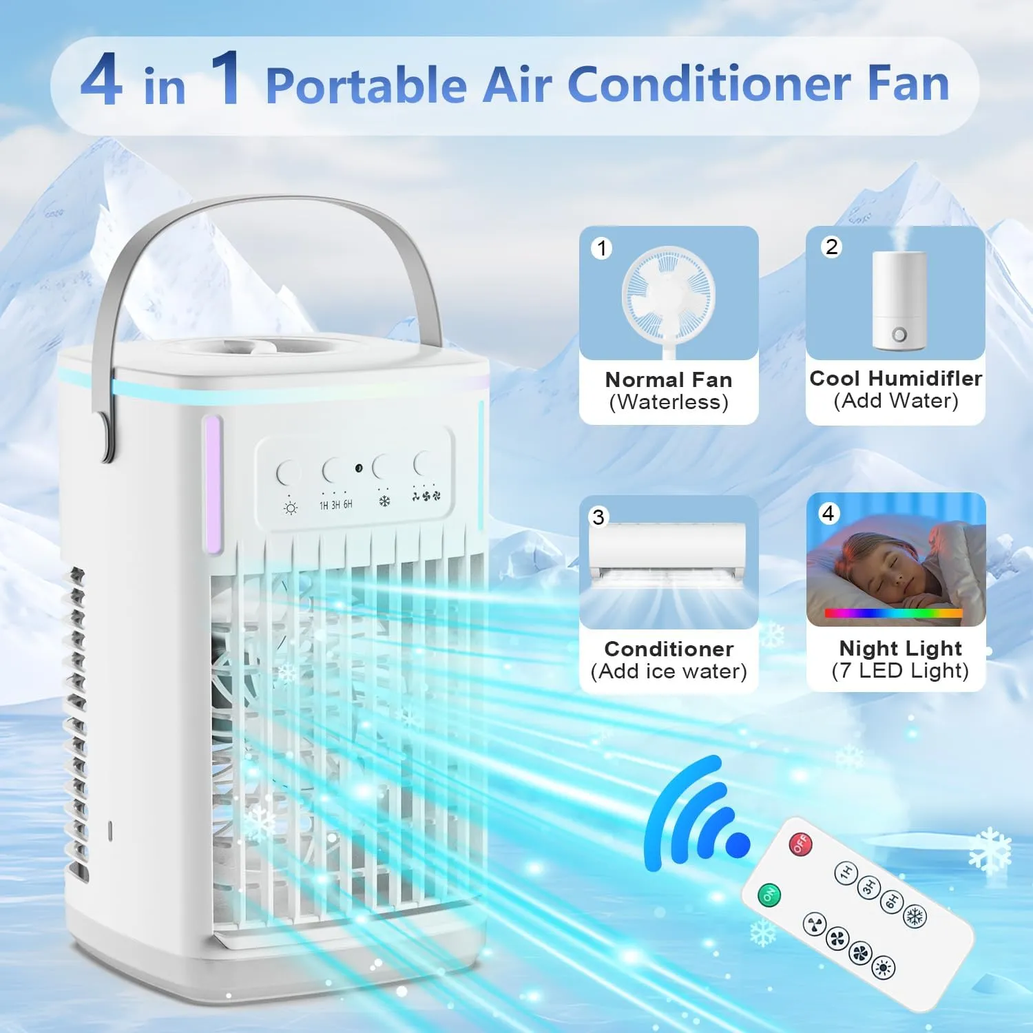 Portable Air Conditioners with Remote, 1500ml Water Tank, 3 Wind Speeds, 4-in-1 Portable AC with 6H Timer, 2 Cool Mist, 7 Lights, Personal Mini Air Cooler Fan for Room Bedroom Office (White)