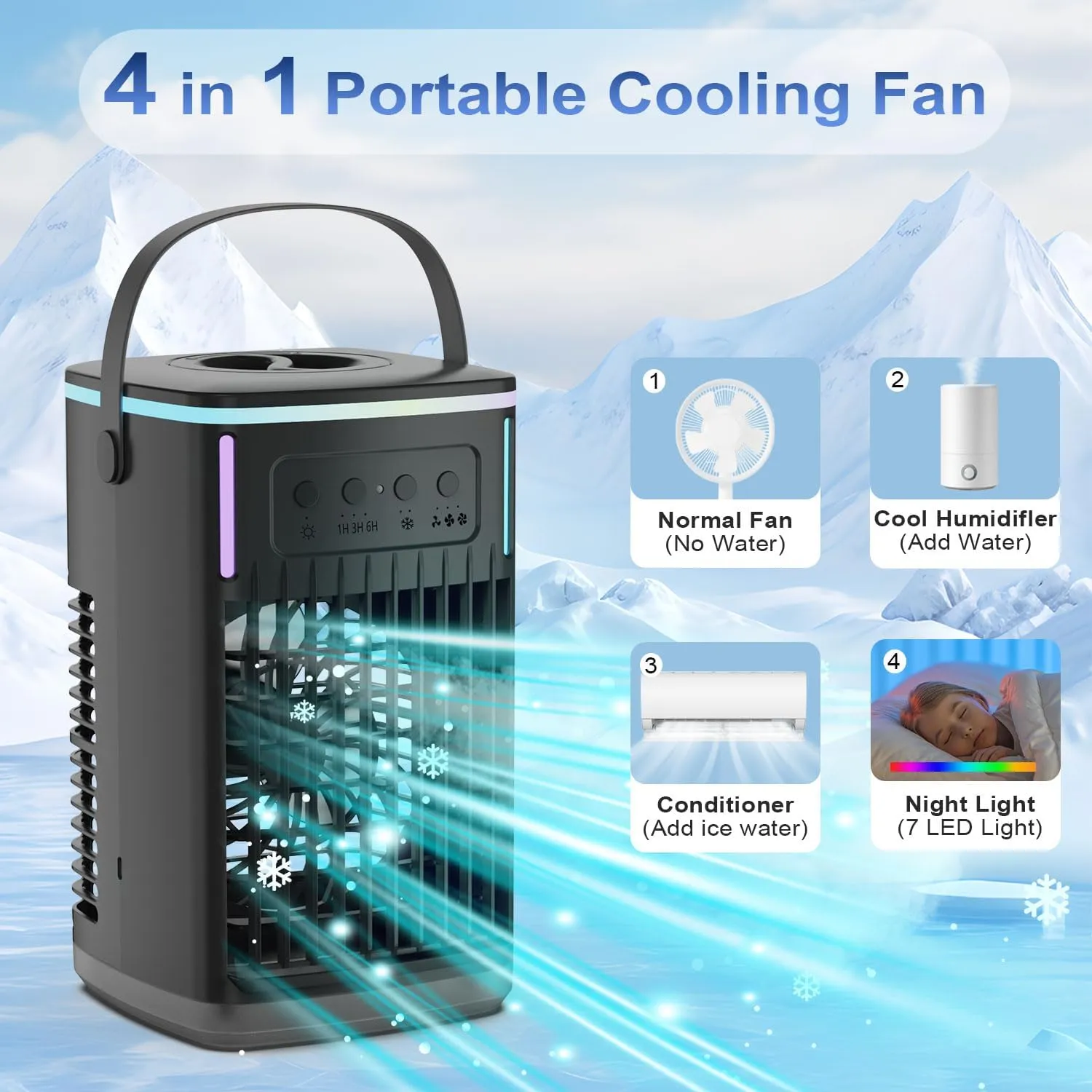 Portable Air Conditioners with Remote, 4-in-1 Portable AC with 1500ml Water Tank, 3 Wind Speeds, 6H Timer, 2 Cool Mist, 7 Lights, Personal Mini Air Conditioner for Room Bedroom Office (Black)