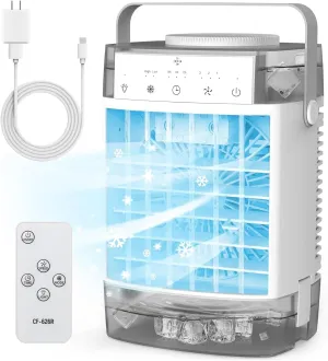 Portable Air Conditioners,Portable AC Unit,1600ml Dual Tank Evaporative Air Cooler,3 Speed 2 Mist Modes,Personal Mini Desktop Cooling Fan with Remote Adapter,7 Lights,3 Timer for Room Office RV Car