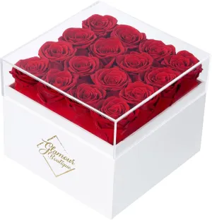 Preserved Roses in a Box - Gifts for Her, Wife & Mom, Rose Flowers Forever Decor for Birthday Gift, Get Well Flower Bouquet Cased in White Box with Cover - Red - 16-Piece