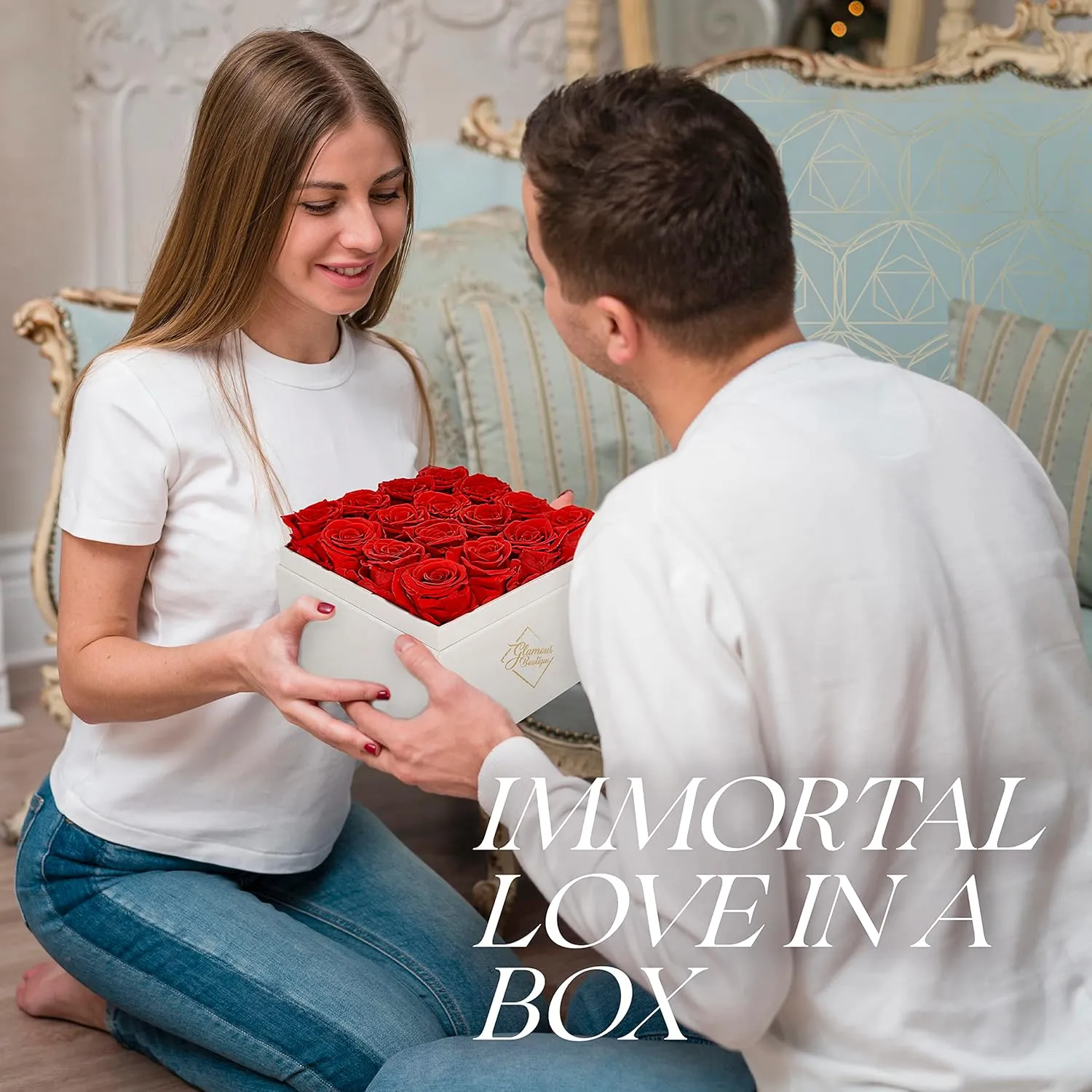Preserved Roses in a Box - Gifts for Her, Wife & Mom, Rose Flowers Forever Decor for Birthday Gift, Get Well Flower Bouquet Cased in White Box with Cover - Red - 16-Piece